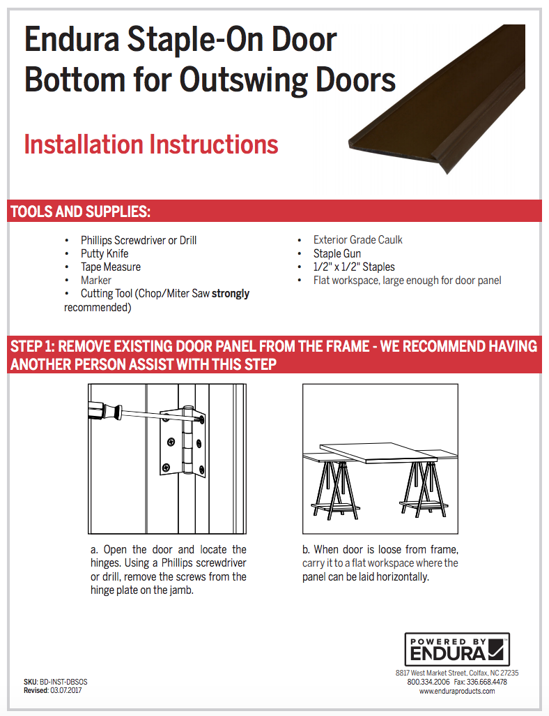 How do I install the Endura StapleOn Outswing Door Bottom?